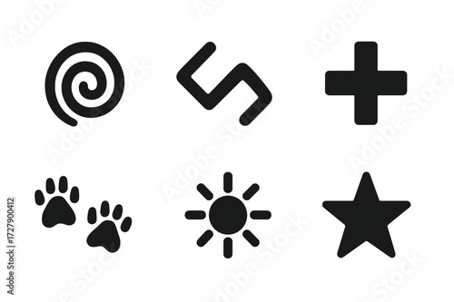 Cave Painting Icons. Solid, filled icon set of cave painting motifs: spirals, zigzags, circles, crosses, animal tracks, waves, suns, stars. [Solid, filled