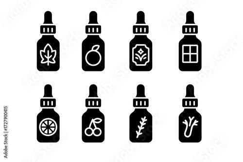 Bitters Icons Grid. Solid, filled icon set of bitters types: aromatic bitters, orange bitters, Peychaud?s bitters, chocolate bitters, grapefruit bitters,