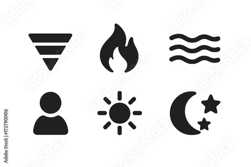 Shamanic Element Icons. Solid, filled icon set of shamanic elements: earth, fire, water, air, spirit, sun, moon, stars. Solid, filled icons in only black
