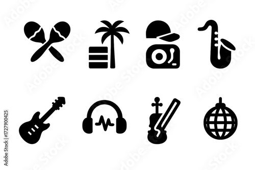 Music Genre Icons. Solid, filled icon set of rhythm styles and genres: samba, reggae, hip hop, jazz, rock, electronic, classical, funk. Solid, filled icons in