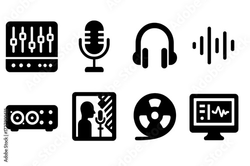 Metal Studio Icon Set. Solid, filled icon set of metal recording studio: mixing desk, microphone, headphones, sound waves, audio interface, recording booth,