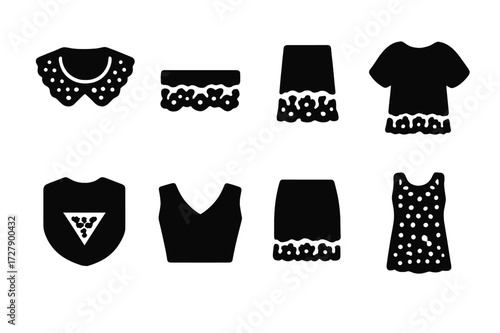 Lace Detail Icons. Solid, filled icon set of lace clothing details: lace collar, lace cuff, lace trim, lace sleeve, lace inset, lace neckline, lace hem, lace