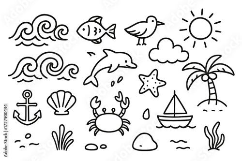 Ocean Doodle Icons. Hand-drawn doodle illustration ocean waves wave, fish, dolphin, seagull, shell, starfish, crab, sun, cloud, palm tree, anchor, boat, water