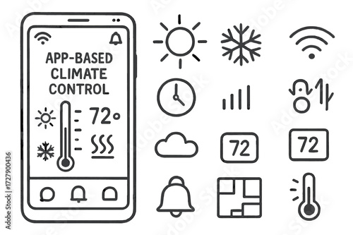 Smart Climate Interface. Hand-drawn doodle illustration App-Based Climate Control interface screen, mobile phone, temp slider, sun icon, snowflake icon, wifi