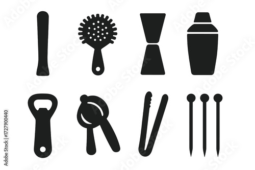 Bar Tools Icons. Solid, filled icon set of bar tools and accessories: muddler, strainer, jigger, shaker tin, bottle opener, citrus squeezer, ice tongs,