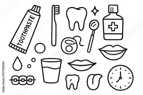 Dental Care Doodles. Hand-drawn doodle illustration Dental care toothpaste tube, toothbrush, tooth, floss, mouthwash bottle, mirror, lips, smile, water