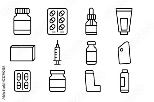 Pharmaceutical Packaging Icons. Pharmaceutical packaging. Line icon set of pharmaceutical packaging: pill bottle, blister pack, dropper bottle, ointment tube,