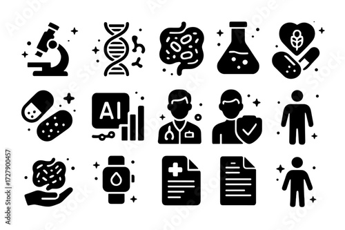 Microbiome Research Symbols. Future of microbiome research. Solid icons set of microscope, DNA sequencing, gut bacteria, lab flask, probiotic pill, AI data