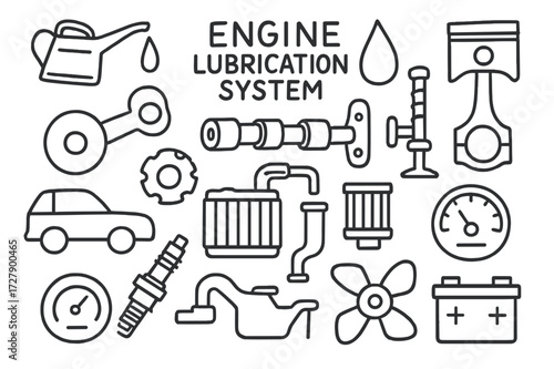 Engine Lubrication Doodle. Hand-drawn doodle illustration engine lubrication system oil can, droplet, piston, crankshaft, camshaft, valve, gear, pipe, filter,