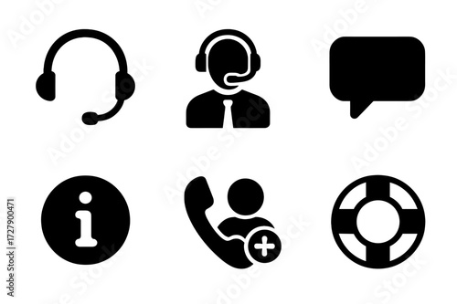 Recipient Assistance Icons. Solid, filled icon set of recipient assistance: headset, customer support agent, help desk, chat bubble, info icon, phone, user