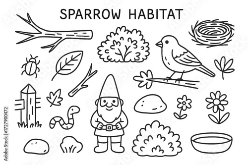 Sparrow Habitat Doodles. Hand-drawn doodle illustration [Sparrow habitat] [tree branch, shrub, bird nest, insect, dry leaf, twig, seed, sparrow in tree, fence