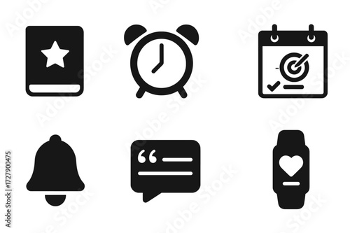 Planning Icon Set. Solid, filled icon set of personal planning: diary, alarm clock, goal list, calendar, habit tracker, reminder bell, motivational quote,