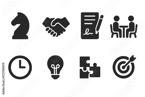 Strategic Compromise Icons. Solid, filled icon set of strategic compromise: chess knight, handshake, contract, negotiation table, clock, lightbulb, puzzle