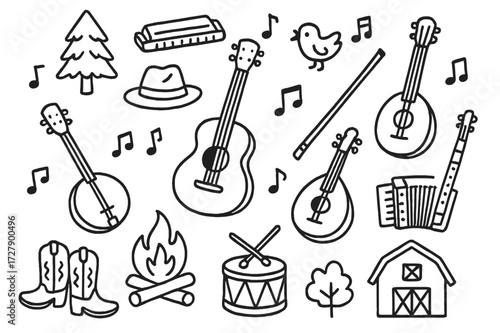 Folk Music Doodle Icons. Hand-drawn doodle illustration folk music acoustic guitar, banjo, harmonica, fiddle, mandolin, accordion, drum, flute, hat, boots,