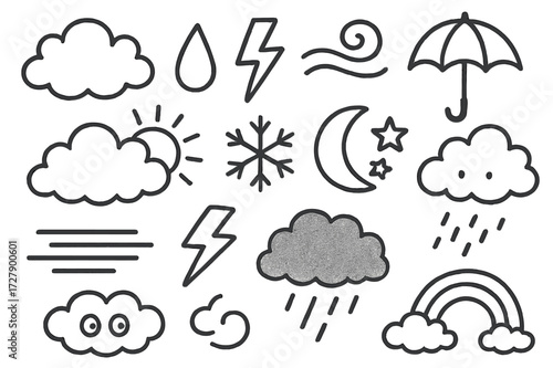Weather Doodle Icons. Hand-drawn doodle illustration Cloud fluffy cloud, raindrop, lightning bolt, wind swirl, umbrella, sun peeking behind cloud, snowflake,