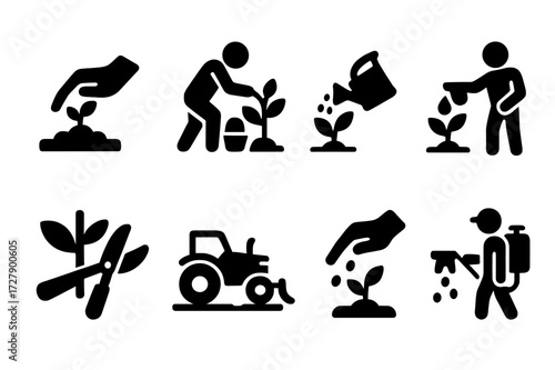 Farming Activity Icons. Solid, filled icon set of farming activities: planting, harvesting, watering, fertilizing, pruning, tilling, spraying, seeding. [Line