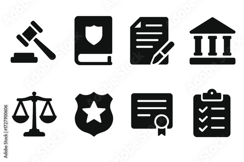 Media Regulation Icons. Solid, filled icon set of media regulation: gavel, law book, contract, courthouse, scales of justice, badge, certificate, compliance
