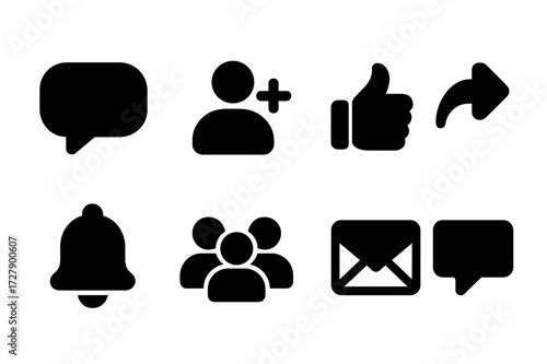 Social Icons Grid. Solid, filled icon set of social network: chat bubble, friend request, like/thumbs up, share, comment, notification bell, user group,