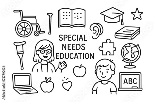 Inclusive Education Icons. Hand-drawn doodle illustration Special needs education wheelchair, crutch, braille book, hearing aid, child, teacher, puzzle piece,