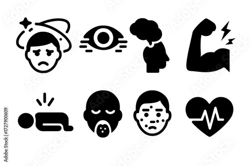 Nightshade Poison Symptoms. Solid, filled icon set of nightshade poison symptoms: dizziness, blurred vision, hallucinations, muscle spasms, unconsciousness,