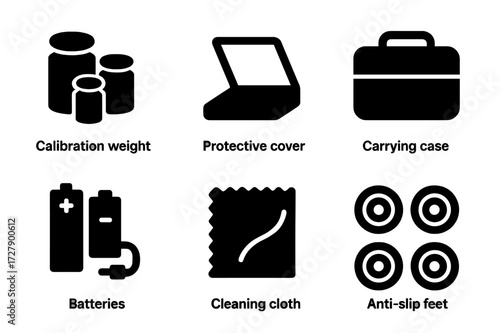 Scale Accessories Icons. Solid, filled icon set of scale accessories: calibration weights, protective cover, carrying case, power adapter, batteries, cleaning