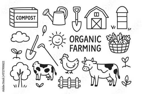 Organic Farm Doodle. Hand-drawn doodle illustration organic farming compost bin, watering can, shovel, hoe, barn, silo, chicken, cow, tree, seedling, sun,