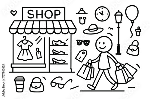 Street Shopping Doodles. Hand-drawn doodle illustration Street shopping spree Person, shopping bags, storefront, dress, shoes, hat, purse, sunglasses, price