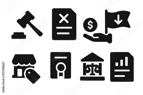 Liquidation Process Icons. Solid, filled icon set of liquidation process: auction hammer, closing document, cash out, bankruptcy flag, asset sale, debt notice,