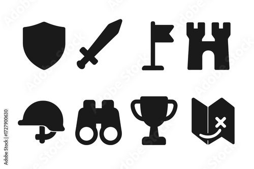 Strategic Icons Grid. Solid, filled icon set of competitive strategy: shield, sword, flag, castle, army helmet, binoculars, trophy, map. [Line icons in only