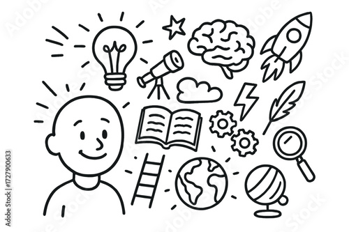 Eureka Doodle Illustration. Hand-drawn doodle illustration Eureka moment light bulb over head, smiling face, spark, brain, open book, telescope, gears, ladder,