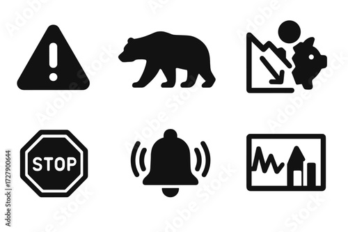 Stock Market Risk Icons. Solid, filled icon set of stock market risks: warning sign, bear, declining graph, broken piggy bank, stop sign, alarm bell, volatile
