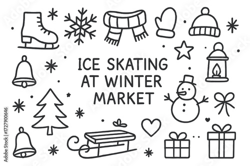 Winter Market Doodles. Hand-drawn doodle illustration Ice skating at winter market ice skate, snowflake, scarf, mitten, hat, sled, bell, pine tree, star,