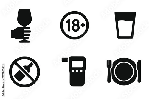 Safety and Moderation Icons. Solid, filled icon set of stirring safety and moderation: drink responsibly sign, age restriction, warning sign, water glass,