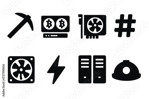 Crypto Mining Icons. Solid, filled icon set of crypto mining: pickaxe, mining rig, GPU, hash rate, cooling fan, electricity bolt, data center, miner helmet.