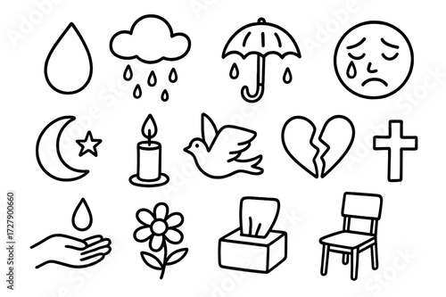 Symbols of Sadness. Hand-drawn doodle illustration sadness tear, cloud, rain, umbrella, crying face, broken heart, moon, star, flower, candle, dove, empty