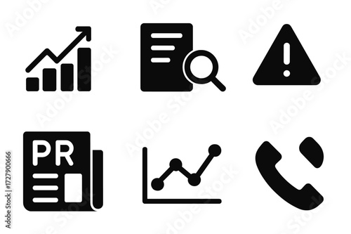 PR Monitoring Icons. Solid, filled icon set of PR monitoring: analytics, report, magnifying glass, alert, newspaper, graph, email, phone. [Line icons in only