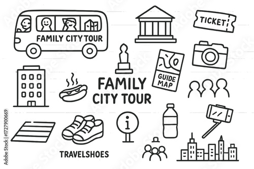 Family City Tour Icons. Hand-drawn doodle illustration Family City Tour bus, museum, building, guide map, ticket, camera, monument, crosswalk, travel shoes,