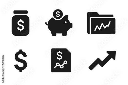 Investment Icon Set. Solid, filled icon set of investment basics: savings jar, piggy bank, stock chart, portfolio folder, dollar sign, financial target,