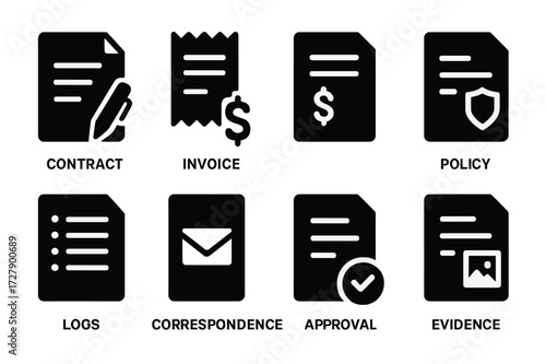 Audit Documentation Icons. Solid, filled icon set of audit documentation: contracts, invoices, receipts, policies, logs, correspondence, approvals, evidence.