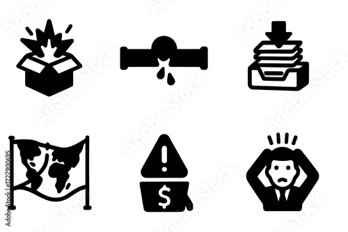 Uncontrolled Expansion Icons. Solid, filled icon set of uncontrolled expansion: exploding box, broken pipeline, crowded team, overflowing inbox, stretched map,