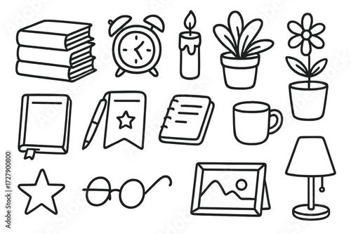 Bookshelf Doodle Accents. Hand-drawn doodle illustration Decorative bookshelf accents [stacked books, clock, vase, candle, plant pot, flower, notebook, pen,