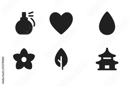 Perfume Scent Icons. Solid, filled icon set of perfume scent notes: top note, heart note, base note, floral, woody, fresh, spicy, oriental. Solid, filled icons