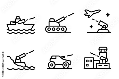 Railgun Battlefield Icons. Outline icon set of railgun battlefield scenarios: naval engagement, ground assault, air defense, space battle, coastal defense,