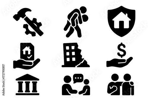 Collapse Recovery Icons. Solid, filled icon set of collapse recovery: repair, rescue, insurance claim, rebuilding, financial aid, legal action, counseling,