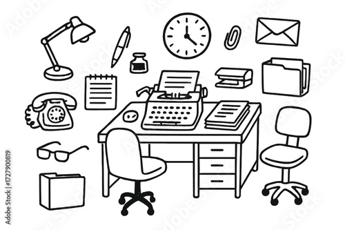 Retro Office Desk Icons. Hand-drawn doodle illustration Office Desk with Old Phone rotary phone, typewriter, notepad, pen, inkwell, paper stack, stapler, lamp,