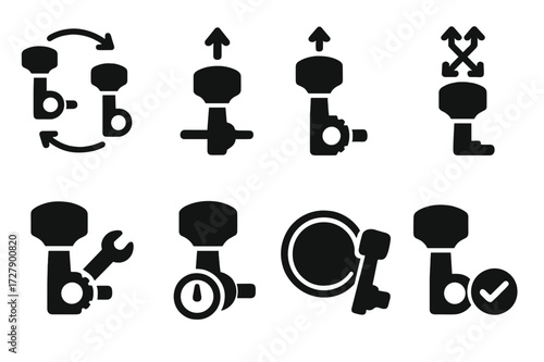 Tuning Techniques Icons. Solid, filled icon set of tuning key techniques: tuning sequence, even tension, incremental tightening, cross-pattern tuning, torque