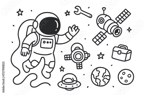 Astronaut Spacewalk Doodle. Hand-drawn doodle illustration astronaut spacewalk astronaut, tether, helmet, gloves, jetpack, wrench, satellite, docking port,