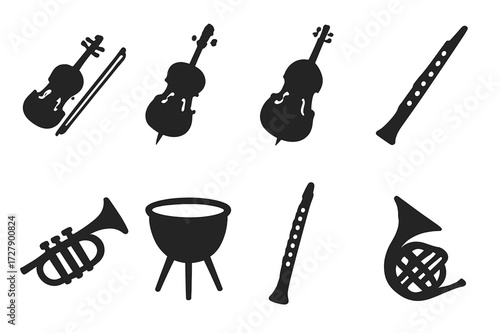 Orchestra Instruments Icons. Solid, filled icon set of orchestra instruments: violin, cello, double bass, flute, trumpet, timpani, clarinet, French horn.