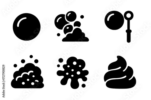Soap Bubble Icons. Solid, filled icon set of soap bubbles and foam: single bubble, cluster of bubbles, foam pile, bubble wand, soap suds, soap splash, soap