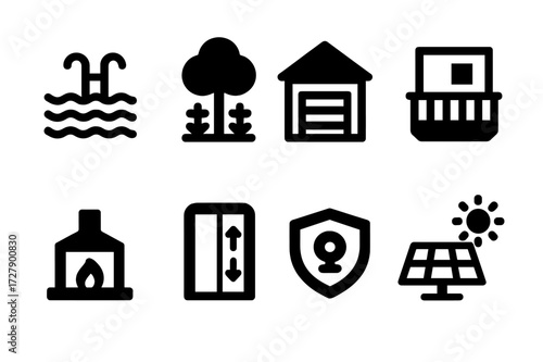 Real Estate Icons. Solid, filled icon set of real estate property features: swimming pool, garden, garage, balcony, fireplace, elevator, security system, solar
